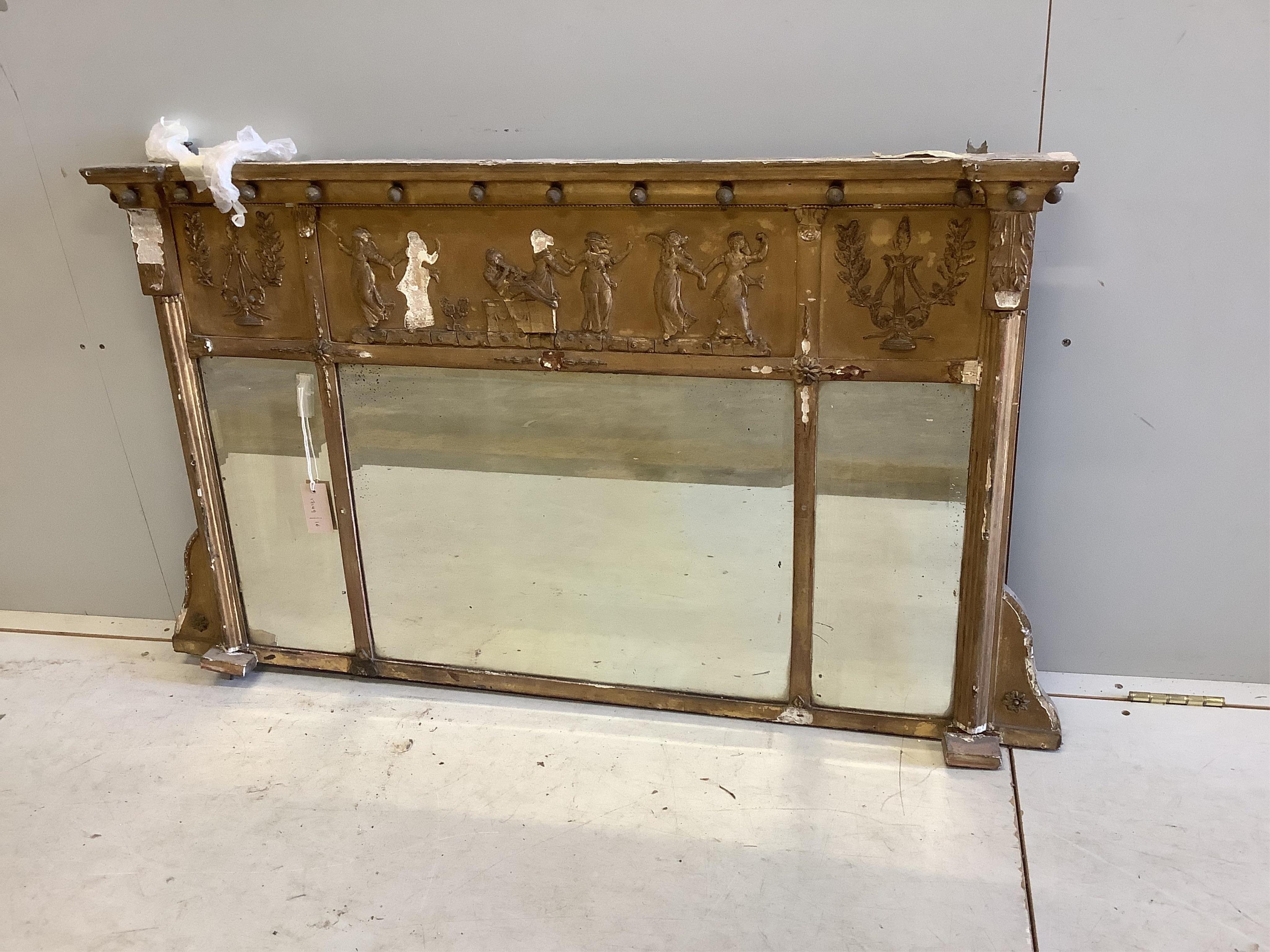 A Regency giltwood and composition triple plate overmantel mirror, width 111cm, height 71cm. Condition - poor, in need of restoration